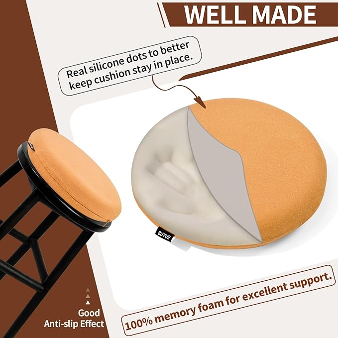 BUYUE Memory Foam Seat Cushion, Dia 13" Soft Velvet Round Stool Cushion Anti-Slip Chair Pads, S, Orange