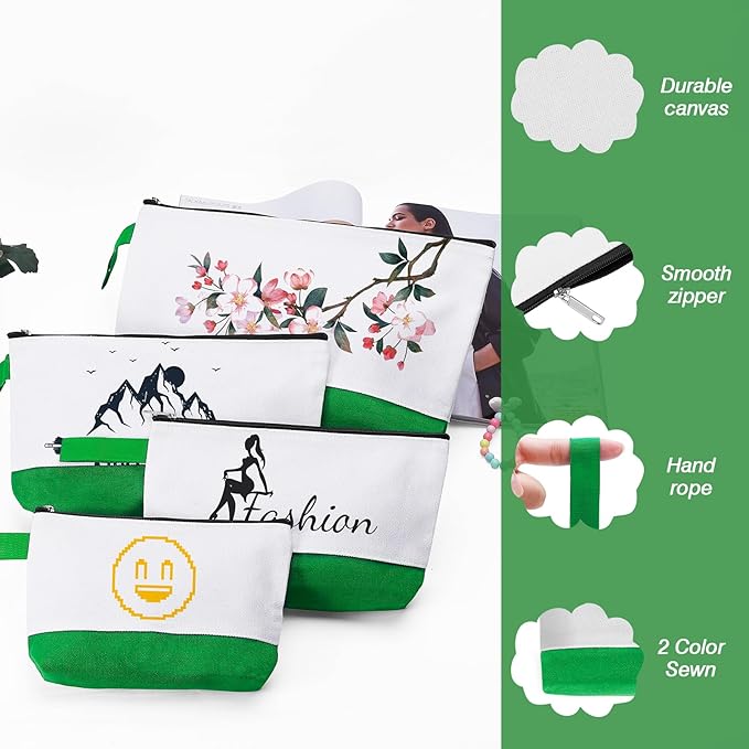 10 Pieces Cotton Canvas Makeup Bag with Bottom and Strap, Multi-Purpose Cosmetic Bag with Zipper Travel Toiletry Pouch, Blank DIY Craft Bag (White&Green, XS)