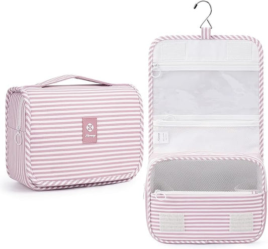 Narwey Small Hanging Toiletry Bag for Travel Women Girl, Striped Toiletries Travel Bag with Hook, Hanging Makeup Bag Organizer Make Up Cosmetic Bags (Dusty Pink Stripe)