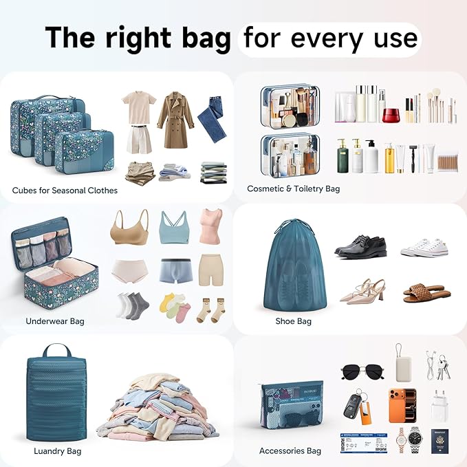 11 Set /9 Set Packing Cubes for Travel,Gifts for Women Mom Kids,TSA Approved Bags for Makeup,Cosmetic, Toiletry,Organizers for Suitcase Carry On,Cruise Essentials Airplane Accessories,Dark Blue Floral