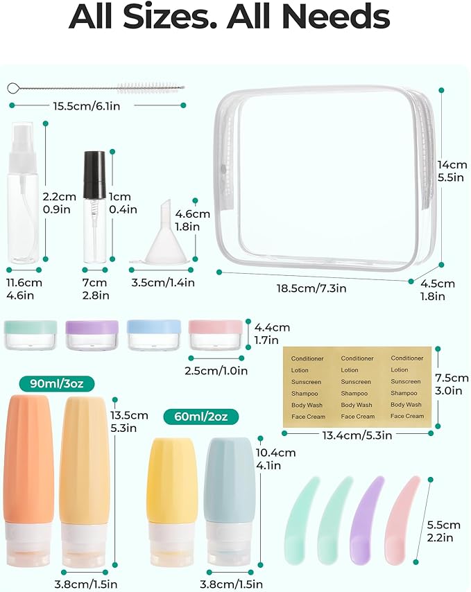 BAGSMART 18 Pack TSA Approved Travel Bottles for Toiletries, Leak Proof Silicone Travel Size Containers Bottles for Shampoo, Purple