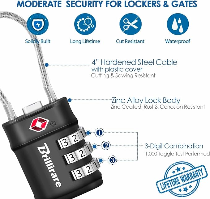 2 Pack TSA Approved Luggage Locks, Combination Travel Cable Lock, 3-Digit Waterproof Padlock, Zinc Alloy Outdoor Keyless Resettable Lock for Travel, Lockers, Bags, Backpack, Gym, Gate-by BRILLIRARE