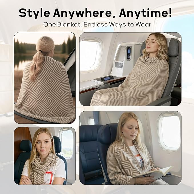 Travel Blanket Airplane - Ultra Soft & Lightweight Knit Design Compact Airplane Blanket,53x72 Inch,Stylish Travel Shawl Wraps for Flights,Office,Home Use,Travel Essentials & Gifts