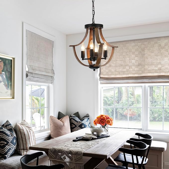 LAMPKEDUO Farmhouse Hanging Pendant Lighting, 4-Light Rustic Flush Mount Ceiling Light Fixture,Modern Faux Wood Vintage Chandelier for Dining Room Kitchen Island Foyer Hallway Entryway Bedroom