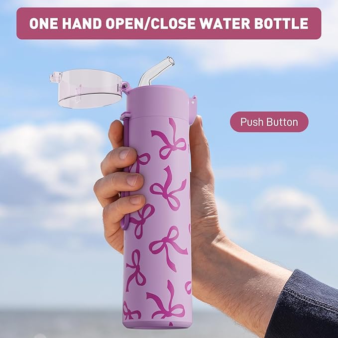 9oz Small Water Bottles with Straw, Mini Water Bottle with One-Hand Open Design, Leak-Proof Locking Lid for Hot&Cold Drinks, Small Travel Water Bottle - 100% Leakproof for School, Travel...(Bow)