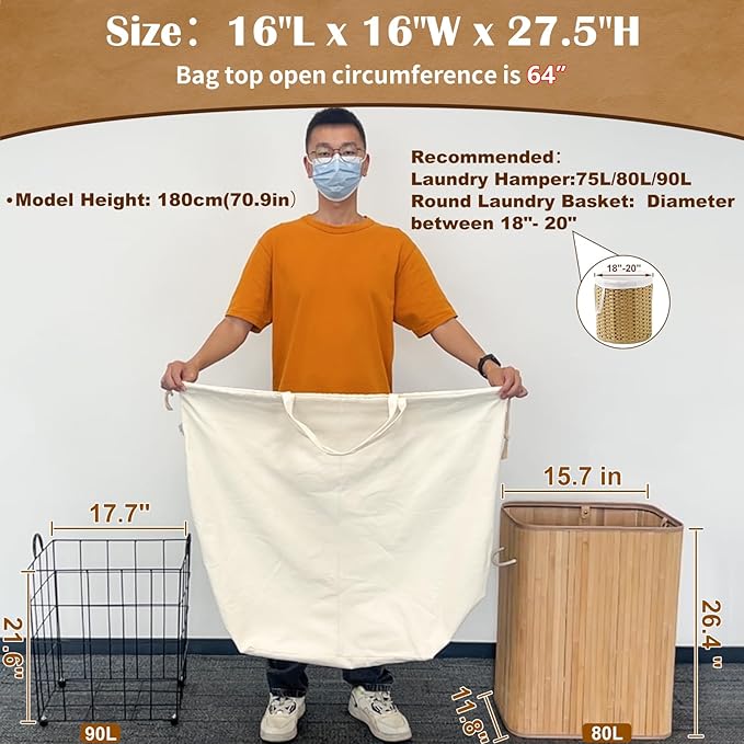 Canvas Laundry Bags with Handles & Square Base 16"Lx16"W x27.6"H, Extra Large Heavy Duty Laundry Basket Hamper Liner, Washable Drawstring Dirty Clothes Bag Canvas Storage Sack(Beige,1 Pack)