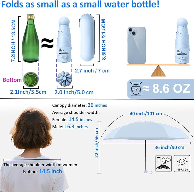 BAODINI Travel Essentials Mini Umbrella for Purse With Case Small Compact UV Sun Protection Lightweight Tiny Pocket Manual Open Close Umbrella for Women Kids and Men Fits Purse Backpack