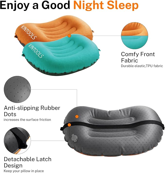 Camping Travel Pillow-Compressible,Ultralight Inflatable,Compact, Comfortable, Ergonomic Inflating Pillows for Neck & Lumbar Support While Camp, Hiking, Backpacking (Blue+Orange 2pcs)