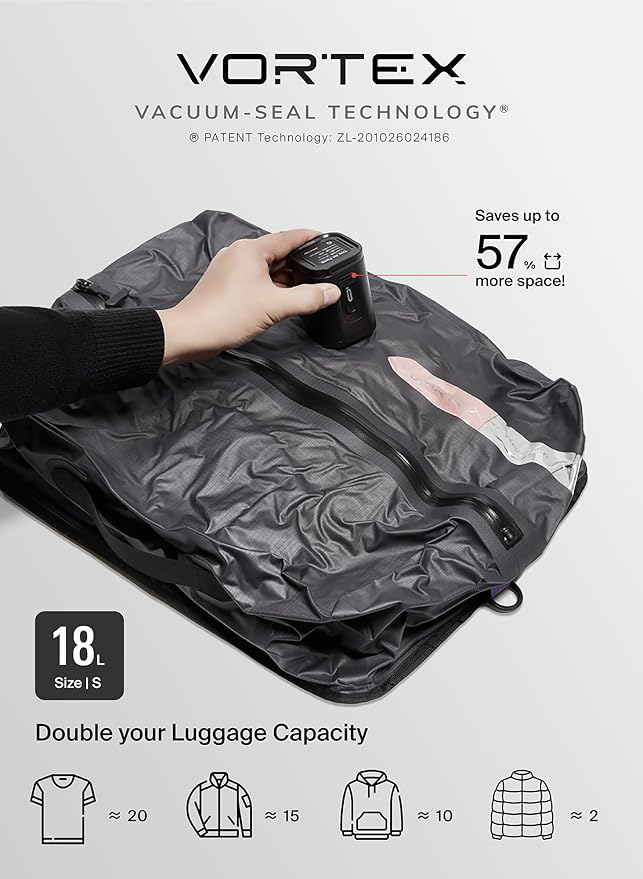 Black Voyage Reusable Vacuum Compression Travel Bag for Carry-On Suitcase and Backpack, Recycled IP67 Waterproof Space Saver Vacpack (3-Pack, 18L - No Pump)