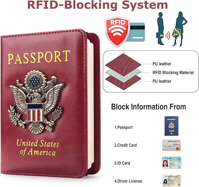 Premium Passport Holder for Travel, RFID Blocking Passport Cover Slim, Durable & Travel-Friendly, Passport Wallet Keep Your Documents Safe & Organized (Wine Red)