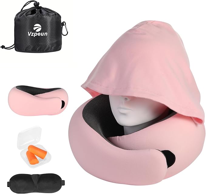 Travel Pillow - Hooded Neck Pillow Airplane Memory Foam Filling for Plane, Office, Cars Sleeping, Road Trip, Long Flights, Portable Plane Accessories, Includes Eye Mask & Earplugs (Pink)