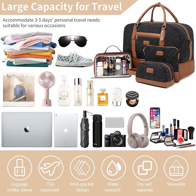 Wogarl Weekender Bags for Women Large Overnight Bag Weekend Travel Duffel Bag Carry on Shoulder with Shoe Compartment Toiletry Bag for Travel Business Gym