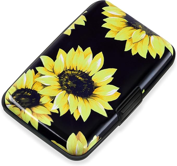 Mayski Credit Card Holder, RFID Blocking, Aluminum Alloy Hard Case, Small Mini Business Metal Wallet for Women Men, Sunflower