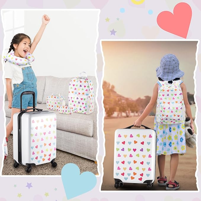 Redbaker 17 Inch 6 Pcs Kids Luggage Kids Rolling Luggage Double Pattern Suitcase for Boys Girls (White, Love Style)