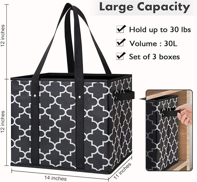 WISELIFE Reusable Grocery Bags 3-Pack Foldable Washable Large Storage Bins Basket Water Resistant Shopping Tote Bag Black