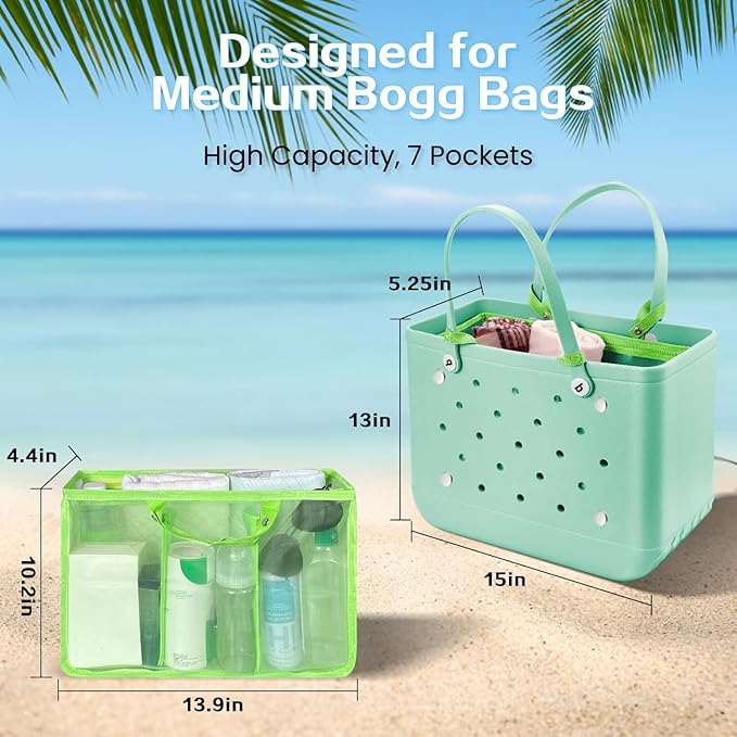 XYFuuee Beach Bag Organizer Inserts for Baby Medium Bogg Bag Accessories with 8 Removable Metal Fasteners, Lightweight Mesh Insert Divider Pouch, Organizing Rubber Tote, Save Storage Space, Green M