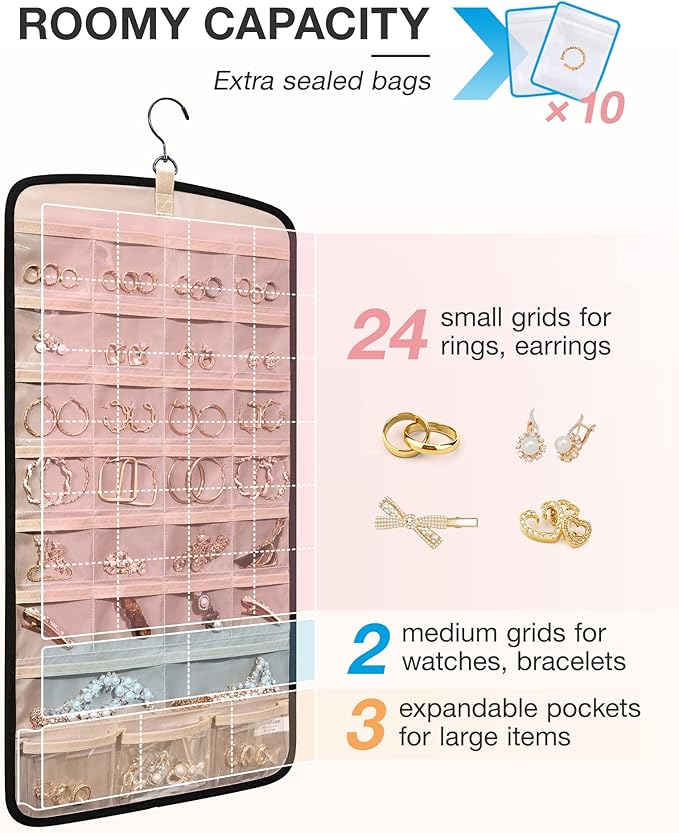 BAGSMART Hanging Jewelry Organizer, Necklace Holder Anti-tangle Earrings Rings Hanger with 10 Jewelry Bags Travel Storage Roll with Pockets Hang on Closet, Wall, Door,1 Piece, Small, Black