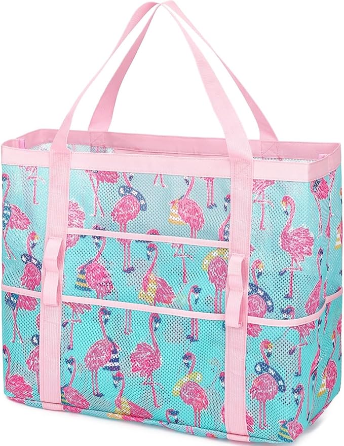 Fammart Mesh Beach Bag, Large Beach Tote with Zipper Pocket, Toys Pool Bag for Family Travel Vacation Cruise Essentials