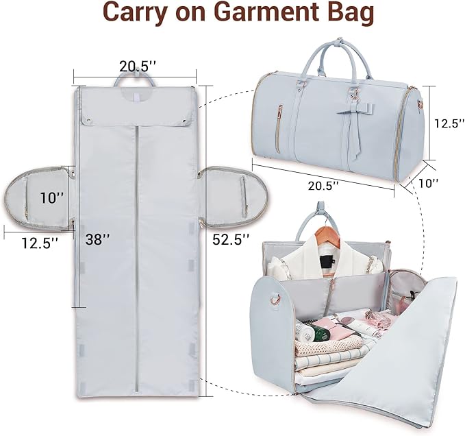 Garment Bags for Travel, Convertible Suit Travel Bag for Women, Stylish Carry On Garment Bag with Toiletry Pocket, Shoulder Strap and Shoes Compartment, 2 in 1 Foldable PU Leather Duffle Bag, Blue
