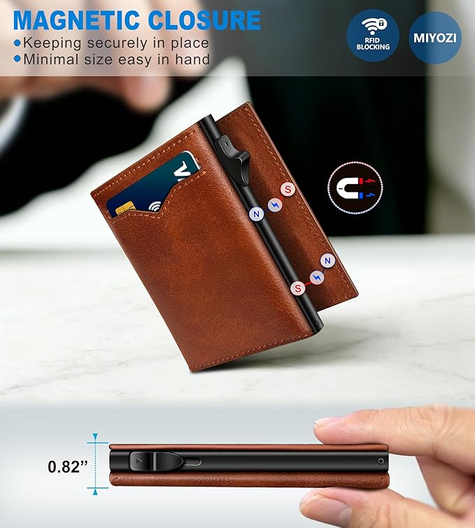 miyozi Wallet for Men,with Cash Pocket 2 ID Window 9-13 Cards,Metal Case Smart Slim Pop Up Credit Card Holder Flip with Magnetic Closure RFID Blocking Trifold wallet with Gift Box