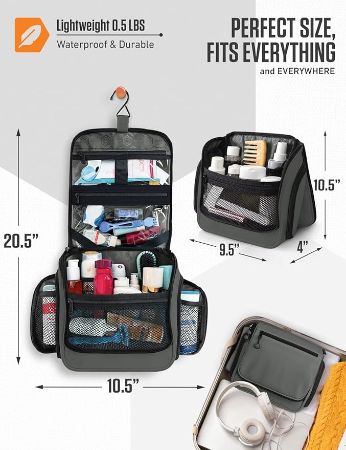 VENTURE 4TH Hanging Travel Toiletry Bag for Women & Men – Large Toiletry Organizer with 18 Compartments, Removable TSA Pouch, Travel Wash Bag for Toiletries, Makeup & Shaving Kit (Shadow Gray)