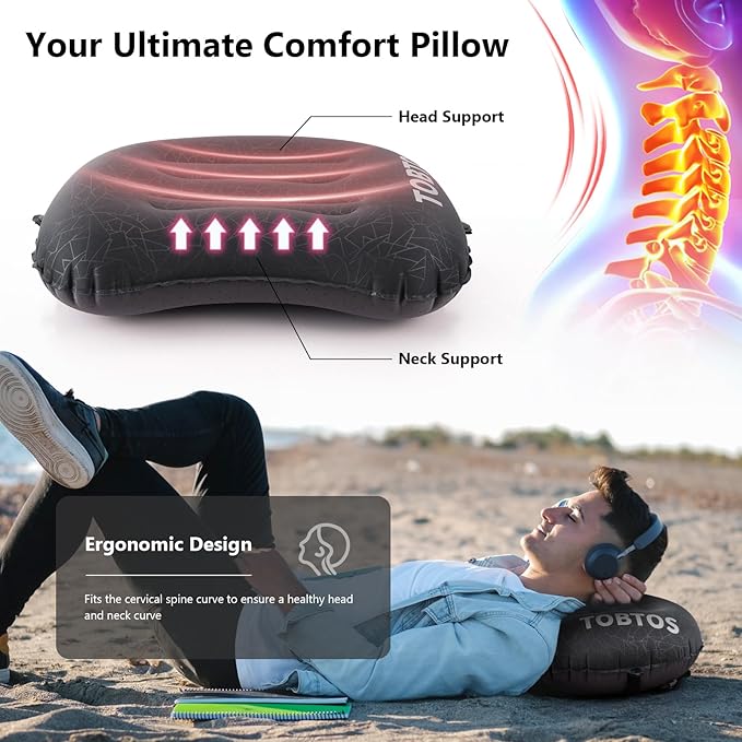 TOBTOS Inflatable Camping Pillow for Camping, Ultralight Backpacking Pillow, Ergonomic Support for Neck & Lumbar, Blow Up Air for Travel, Hiking, Outdoor (Black)