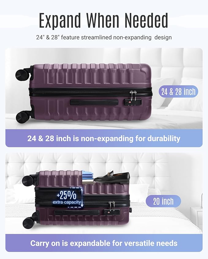 LIGHT FLIGHT Luggage Sets, 3 Piece Durable Suitcase Set with Spinner Wheels, 3 Pcs Hard Shell Lightweight Luggage with TSA Lock, Large Checked Travel Suitcases, 20/24/28 Inch,Purple