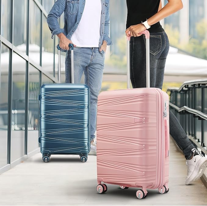 4 Piece Luggage Set PP Hardshell, Expandable Suitcase Set (20/24/28) with 14" Cosmetic Case, Lightweight Spinner Wheels with TSA Lock, Detachable Wheels for Nesting Storage (Pink)