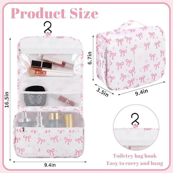 Pengxiaomei Hanging Toiletry Bag, Pink Bow Waterproof Cosmetic Bag Portable Makeup Pouch Wash Bag with Handle for Kids Teen Girls Tea Party Spring Party Mothers Day Gifts