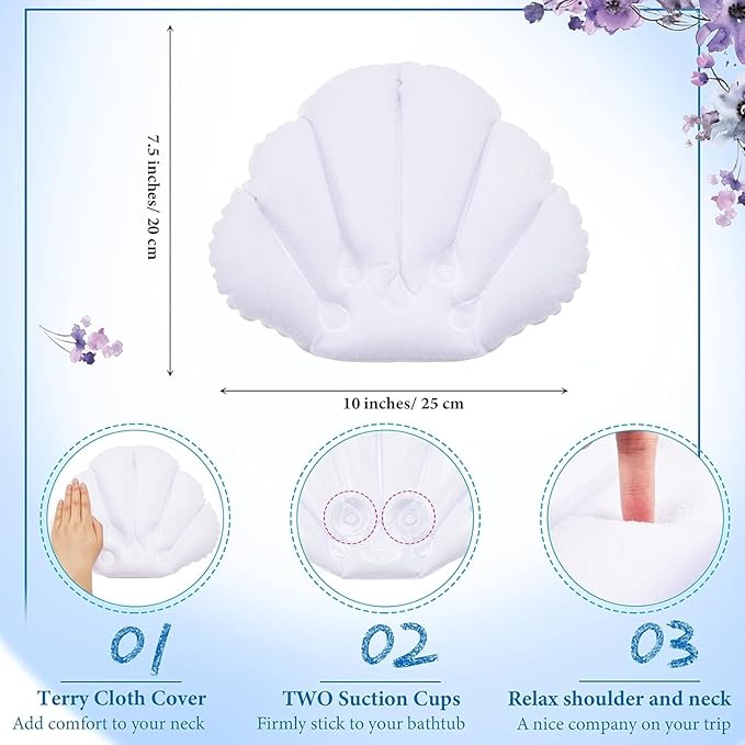 Jetec 2 Pcs Inflatable Bath Pillow with Suction Cup Bathtub Spa Pillow Neck Support Supplies Shell-Shaped Soft Inflatable Cushion Large Small Size Fits All Tub Pool Bath and Bathroom