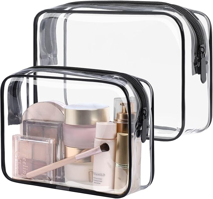 PACKISM TSA Approved Toiletry Bag 2 Pack - 1 Medium TSA Quart Carry-On & 1 Large for Checked Luggage, Water-resistant Clear Makeup Bag Clear Travel Bags for Toiletries, Active Black
