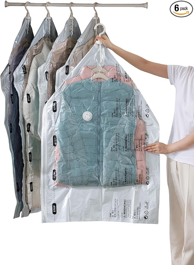 Vacuum Storage Bags for Clothing - NeatNest 6 Pack Space Saver Garment Bags with Hangers, 3 Medium + 3 Large, Vacuum or Hand Press Compression, Airtight for Closet Organization, PE+PA Material