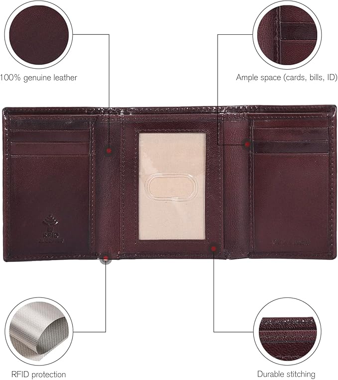 Real Leather Mens Trifold Wallet RFID Blocking Slim Minimalist Front Pocket - Thin & Stylish with ID Window in Gift Box