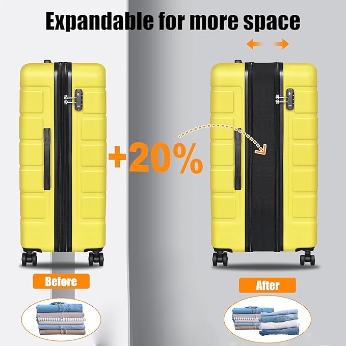 Explorer Lightweight Hardshell 20% Expandable 3-Piece Luggage Set with TSA Lock, Double Spinner Wheels, and Carry-On Suitcase,Yellow