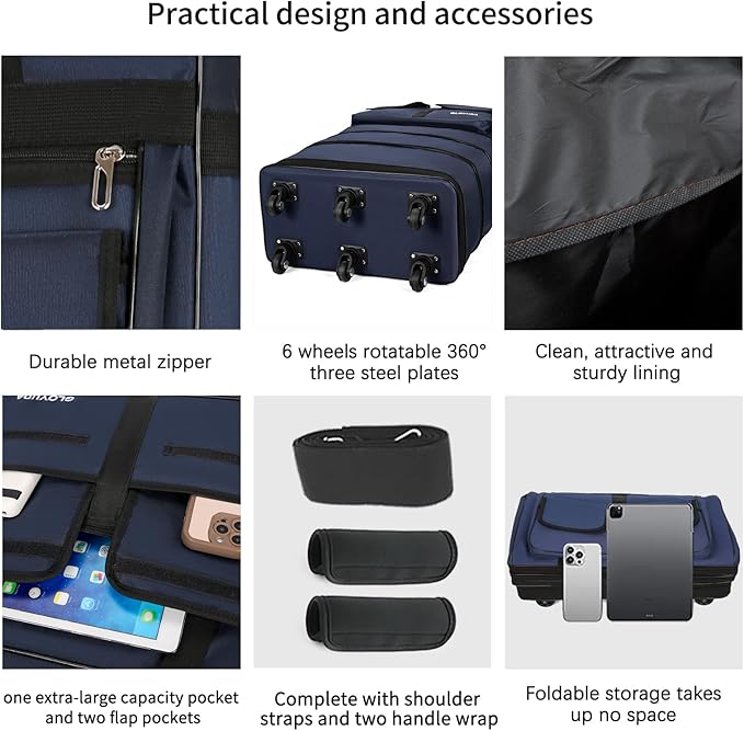 130L Expandable Luggage, 40 Inch Suitcase with Wheels, Collapsible Luggage with Wheels, Rolling Duffle Bag with wheels,Foldable Suitcase with2Handle Wrap 2Fixing Straps 1Shoulder Strap (Blue)