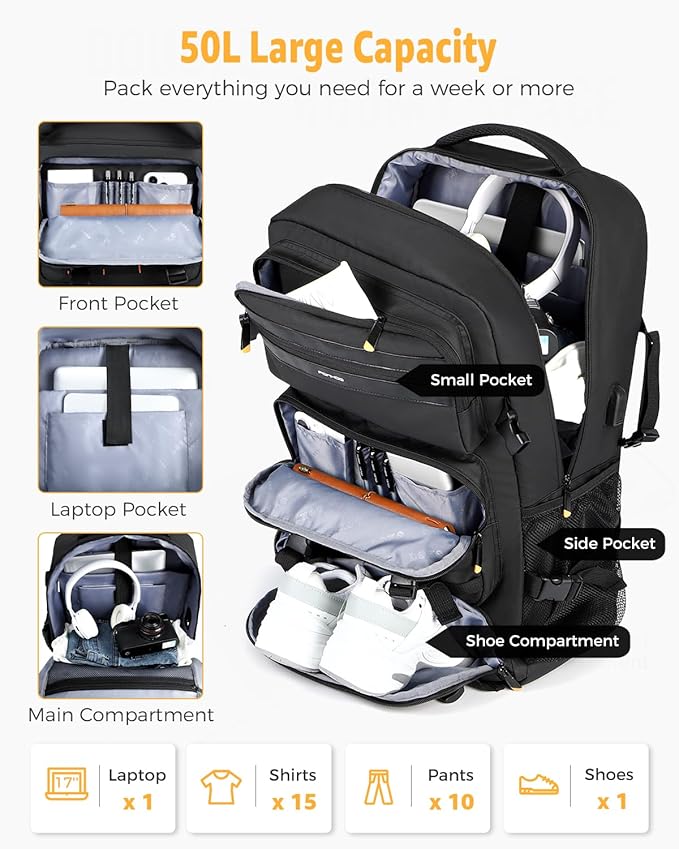 Ponhog Travel Backpack for Men, 50L Carry On Flight Approved Convertible Duffle Bag with Shoe Compartment, 17 inch Laptop Luggage with USB Charging Port for Weekender Hiking, Black