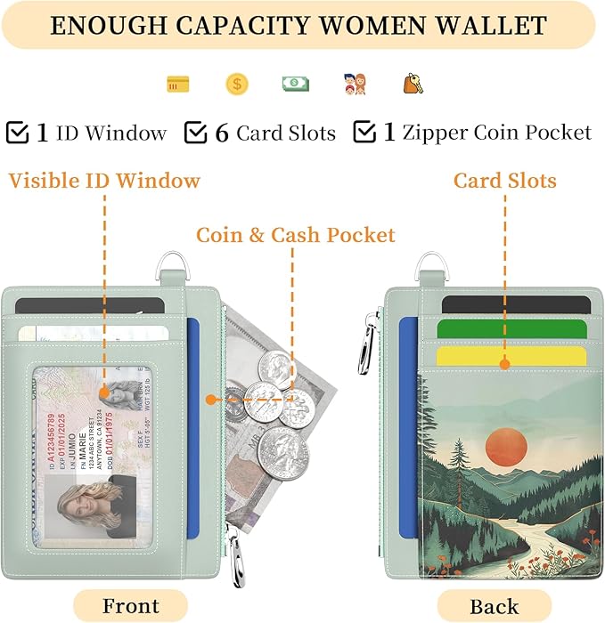 Hancynir Sunrise Mountain Small Wallet Women Credit Card Holder, Slim RFID Blocking Keychain Card Wallets, Mini Front Pocket PU Leather Thin Travel Zipper Coin Cash Ladies Wallet Organizer Gifts