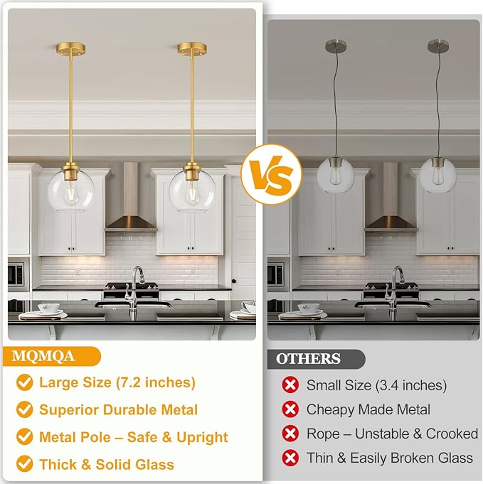 2 Pack Gold Globe Pendant Lights, Mid Century Gold Pendant Light Fixtures, Globe Pendant Lights Kitchen Island with Clear Glass Shade Adjustable Hanging Fixture for Dining Room (Bulbs not Included)
