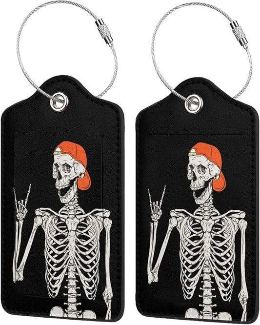 2Pack Funny Skull Luggage Tags Privacy Cover ID Label with Stainless Steel Loop and Address Card for Travel Bag Suitcase Funny Cute Man Women Kids Horror Terror Skeleton