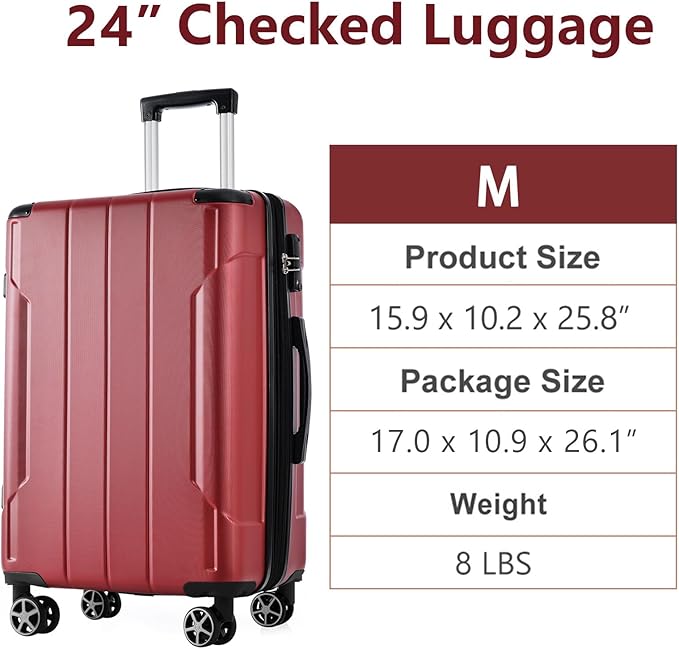 24 Inch Checked-Large Luggage, Lightweight ABS Hard Shell Suitcase with Spinner Wheels, Expandable Travel Luggage with Combination Lock & Side Hooks for Men Women, Red