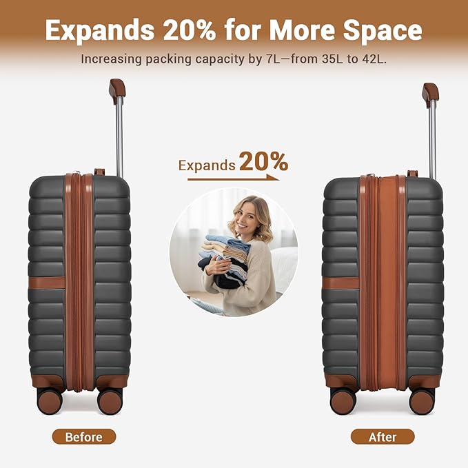Kono Expandable Carry On Luggage 22x14x9 Airline Approved with Spinner Wheels, 20 Inch Durable PC+ABS Hardshell Travel Suitcase Rolling Luggage with Lock, Grey/Brown