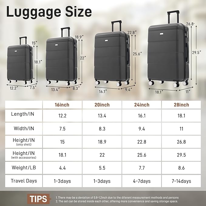 6 Piece Luggage Set Hard Shell - Charcoal Traveling Suitcases with Spinner Wheels and Duffel Bags for Family Travel, Durable Carry On Luggage Sets with Lock for Women and Men