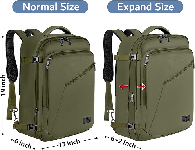 MATEIN Expandable Air Travel Backpack, Light Weight Carry on Backpack with Trolley Sleeve, Water Resistant Daypack for Hiking, Gifts for Men who Like to Travel, Dark Green