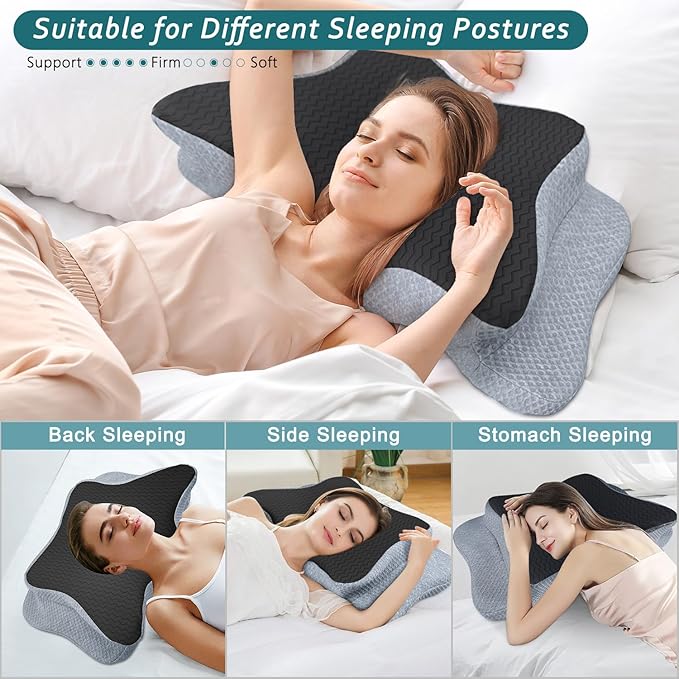 Cervical Pillow for Neck Pain Relief, Memory Foam Pillows, Ergonomic Contour Bed Pillow, Soft for Side Sleep Stomach Sleeping and Back Sleepers-Queen Size Black&Dark Grey