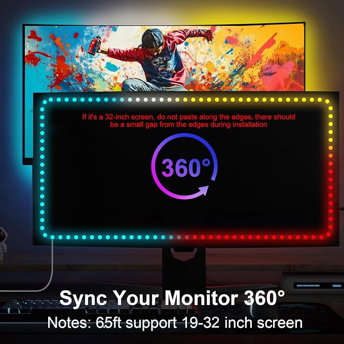 Monitor Backlight for Win PC Gaming, RGBIC LED, 19-32 Inch | Smart LED Lights Strip for Monitors with Color Matching,Immersive Lighting Effects for Games Movie Music with Multiple Modes