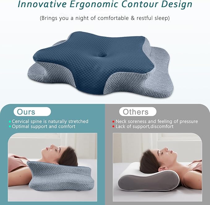 Cervical Neck Pillow for Pain Relief Sleeping, Memory Foam Pillows, Ergonomic Side Sleeper Pillows, Cooling Orthopedic Neck Support Pillow for Back Stomach Sleepers-Queen Size Blue&Grey