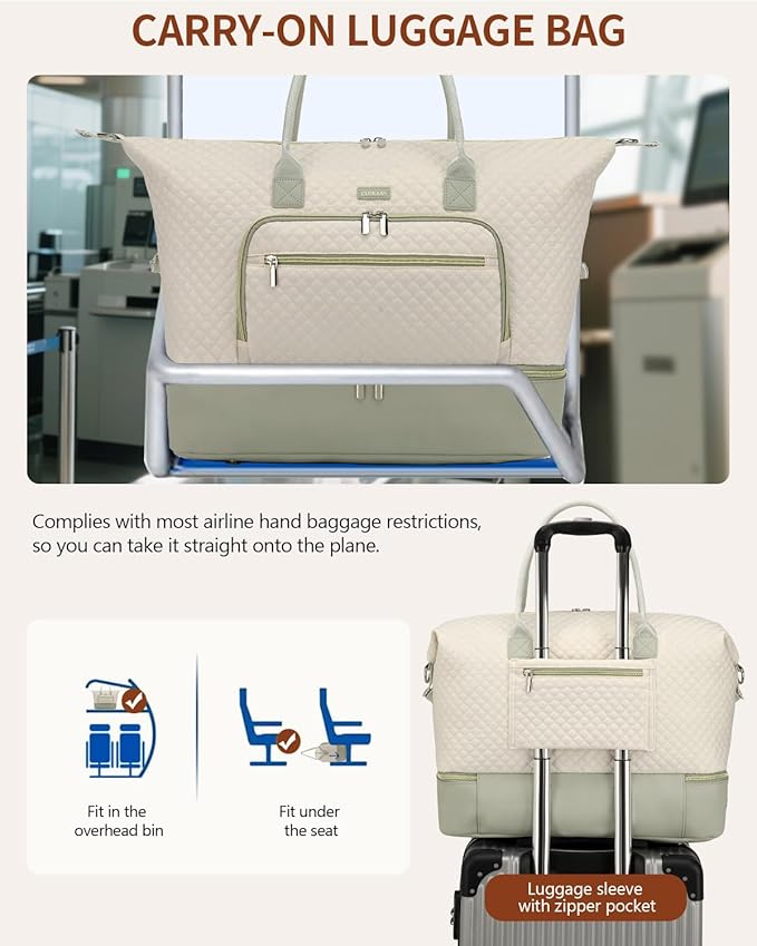 Weekender Bags for Women, Travel Duffle Bag Carry On Overnight Bag with Cosmetics Bag and Crossbody Purse for Gym Hospital, Gifts for Women, Beige Green
