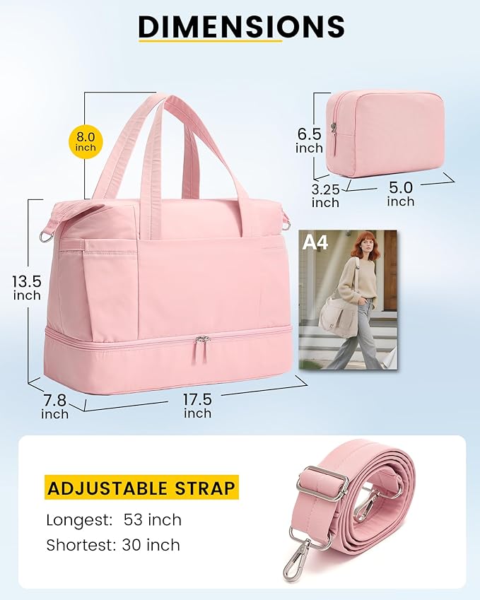 Vorspack Duffle Bag for Travel - 30L Gym Bag for Women Men Personal Item Travel Bag with Shoe Pocket Toiletry Bag Lightweight Carry On Bag for Weekender Overnight Sports - Pink