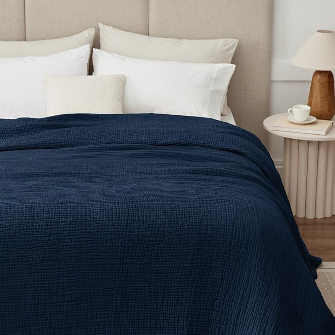 100% Cotton Muslin Blanket 40" x 40", Breathable and Lightweight Cotton Throw Blankets, Soft Cooling Summer Gauze Blanket for All Season, Navy Blue