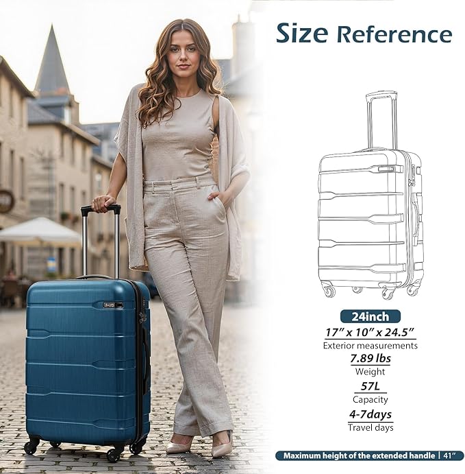 Coolife Medium Checked Luggage Hardside PC+ABS Suitcase with TSA Lock, Lightweight Rolling Carry On with Spinner Wheels(Caribbean Blue, 24in)